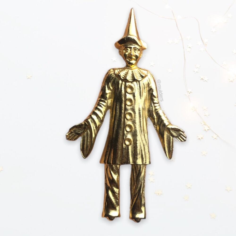 Vintage Gold Tone Pierrot Sad Clown Figural Halloween Spooky Large Brooch Pin